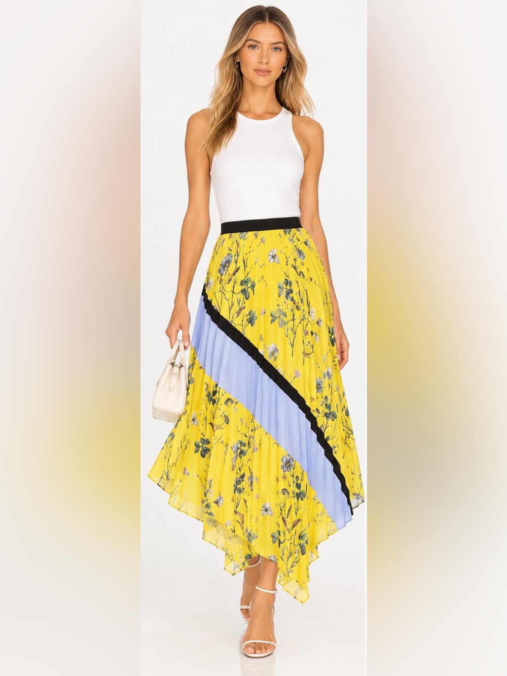 Self-Portrait Yellow Floral Pleated Asymmetrical Midi Maxi Skirt Blue Black